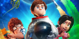 Cartel de Atrapa la bandera, película de dibujo, con protagonista niño vestido de astronauta y dos amigos, chico gordo y chica, niños