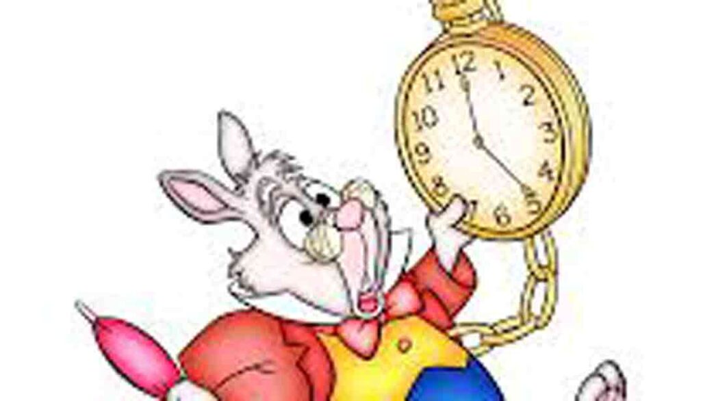 dibujo conejo de alicia, película de dibujos disney, corriendo con reloj en la mano