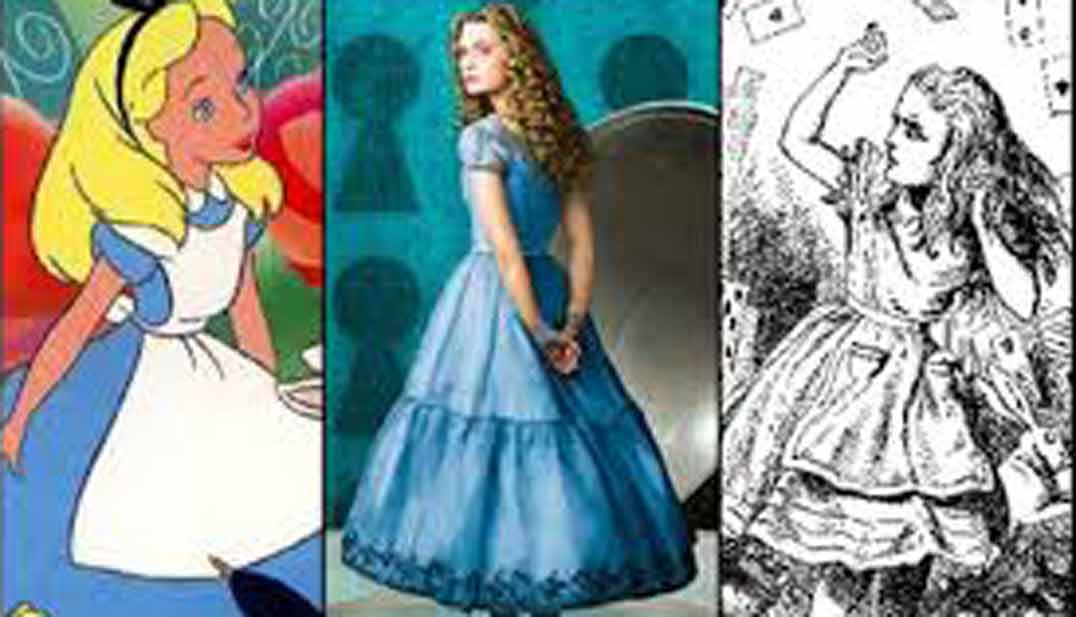 Tres imagenes de alicia, de Lewis Carrol. La peli de dibujos de Disney, la de Tim Burton y la del libro