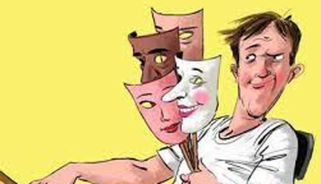 Dibujo comic de hombre sosteniendo cuatro caretas, sentado y con gesto extraño