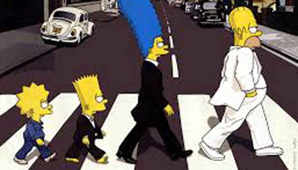 Los simpson (Homer, Marge, Bart y Lisa, por este orden) cruzando un paso de peatones, imitación de la foto de los Beatles. Todos con traje chaqueta negro salvo Homer que lleva traje chaqueta blanco